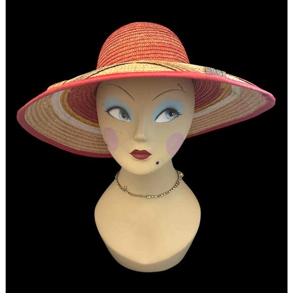 Vintage 80s Liz Claiborne Wide-Brim Straw Hat Classic Summer Sun Hat Made Italy! - Picture 6 of 8